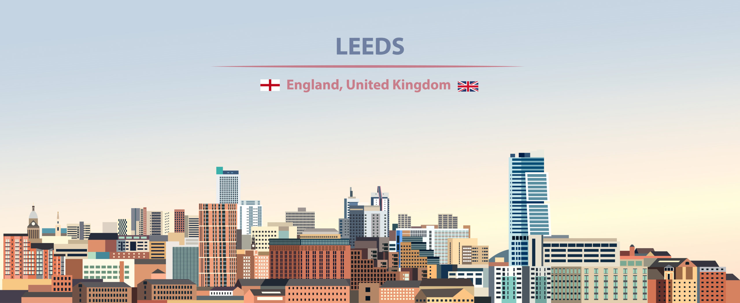 Vector illustration of Leeds city skyline on colorful gradient beautiful day sky background with flags of  England and United Kingdom